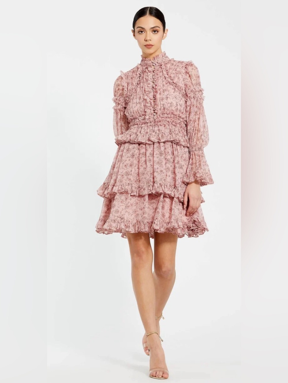 Mac Duggal Dusty Pink Floral Ruffle Tiered Mini Dress
